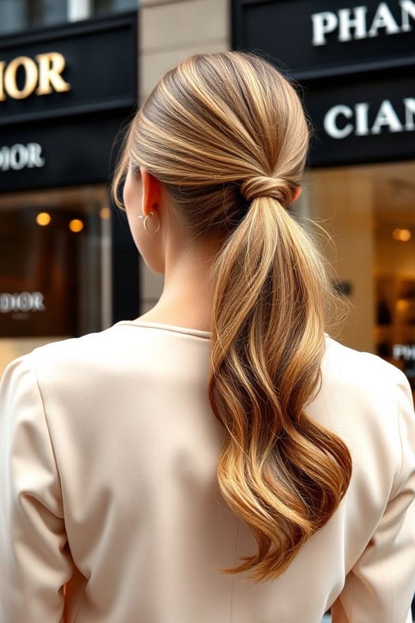 Close-up of a low ponytail tied neatly at the nape of the neck, ideal for humid climates — Best Hairstyles to Beat Summer Humidity.