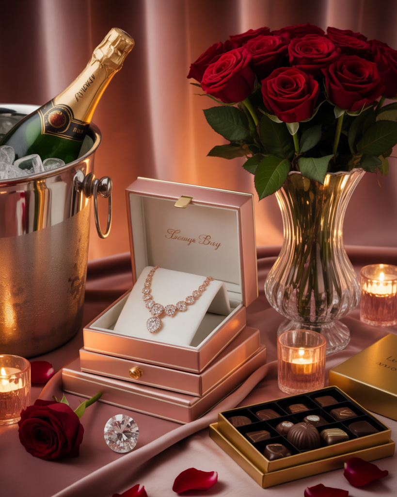 Luxury Valentine’s Day gifts such as designer watch, perfume, and jewelry set displayed on red background.