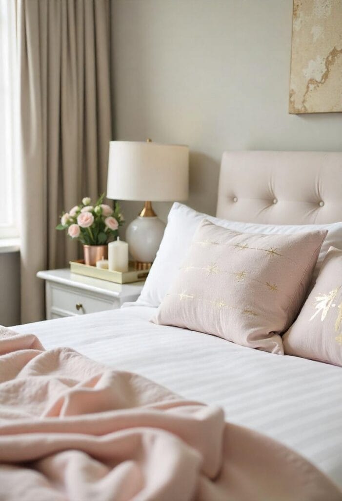 Elegant Christmas bedroom with gold and silver metallic accents, sequin pillows, and shimmering décor.