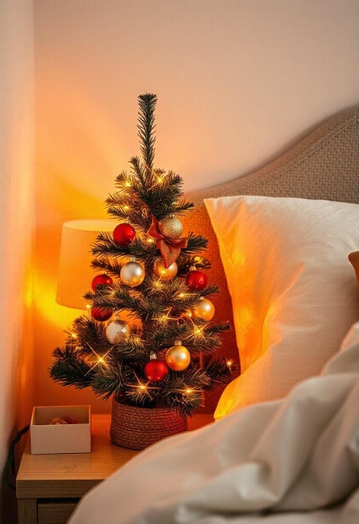 Small decorated Christmas tree with ornaments and fairy lights placed on a bedroom nightstand for festive charm.