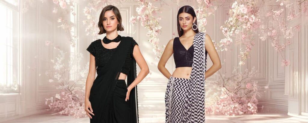 Minimalist sari in a solid neutral tone, paired with a sleek tailored blouse and understated jewelry.