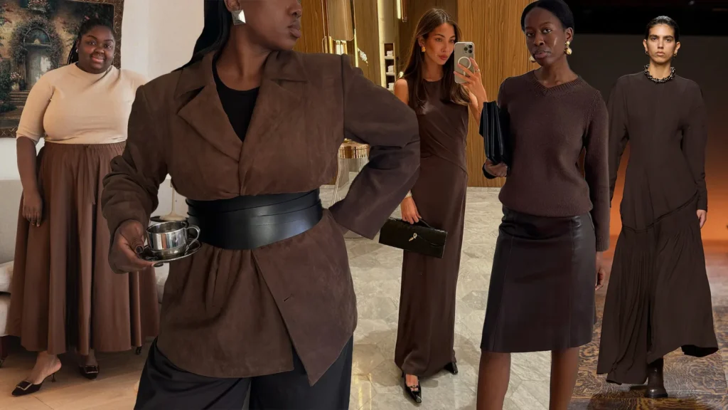 "Makeup palette featuring warm mocha, brown, and earthy shades for eyes and lips."