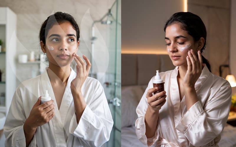 “Split image showing a morning body care routine with sunlight and a nighttime routine with calming candles.”
