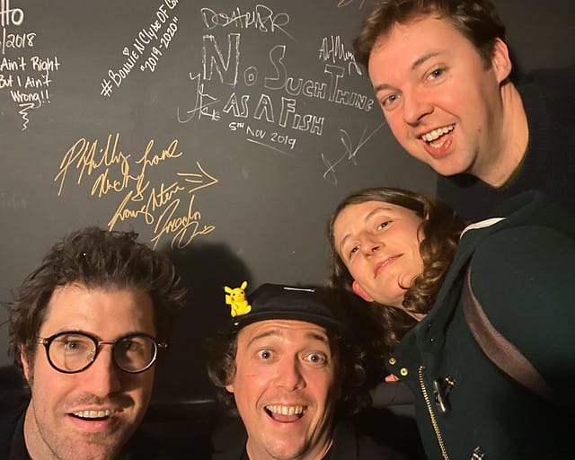 “QI researchers recording No Such Thing as a Fish comedy podcast about trivia and facts.”