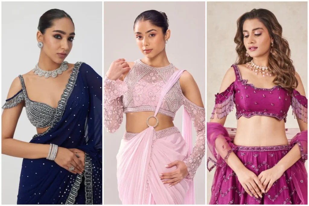 Sari paired with a modern off-shoulder blouse, styled for formal elegance with minimal accessories.