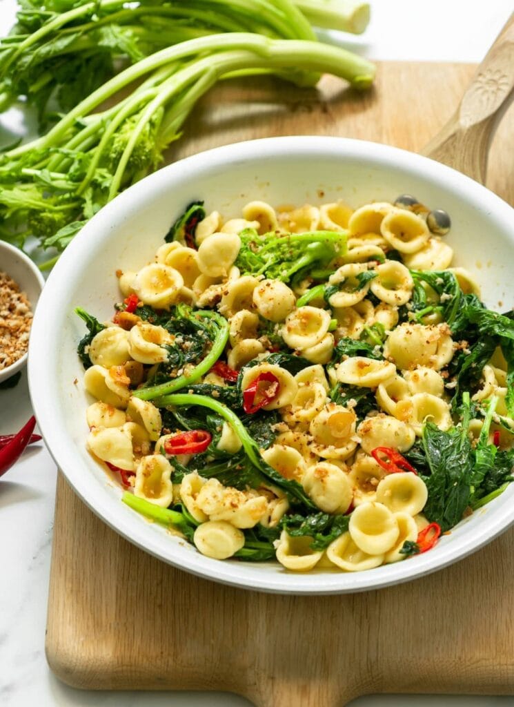 “Traditional orecchiette pasta with broccoli rabe, garlic, and olive oil – a healthy southern Italian pasta recipe to make at home.”