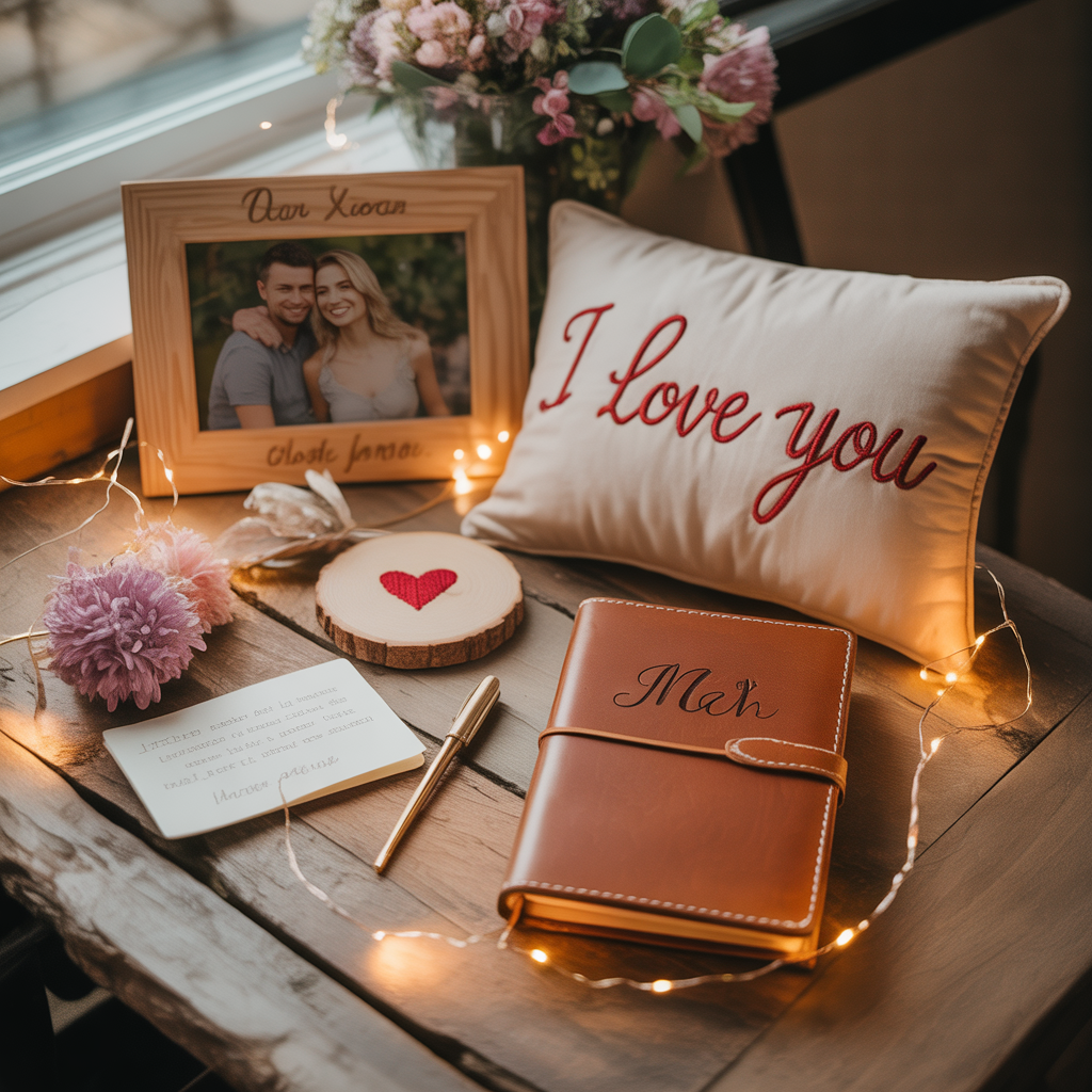 Customized Valentine’s Day gifts like engraved jewelry, photo book, and personalized star map on a table.