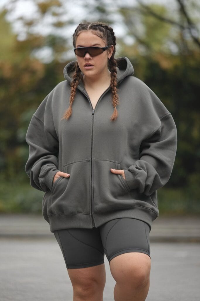 Curvy woman in cropped hoodie and joggers rocking plus size baddie streetwear look.