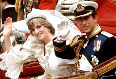 “Princess Diana and Prince Charles wedding with long train gown and royal carriage procession in London.”