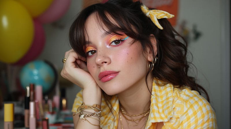 "Beauty look inspired by '90s minimal glam with matte lipstick and soft eyeshadow tones."