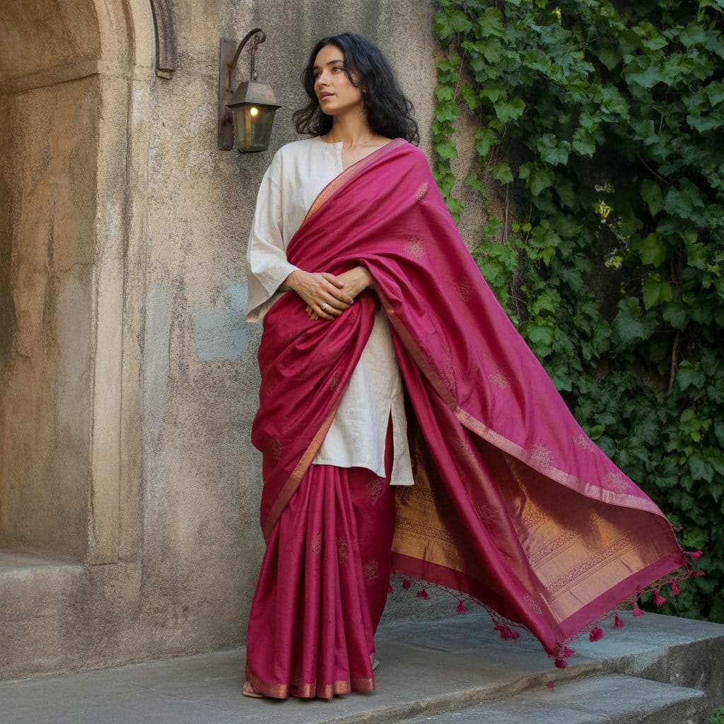 Innovative sari look styled with a crisp white shirt blouse, accessorized with a bold necklace for formal flair.