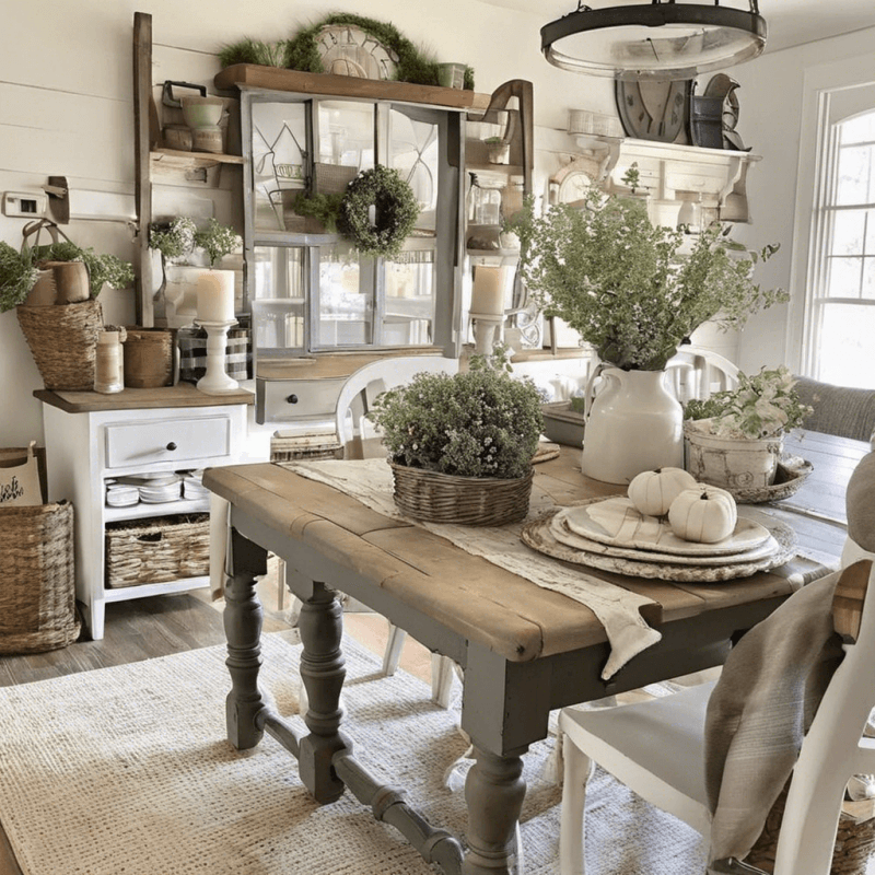 “Farmhouse kitchen decorated with pumpkins, flowers, and rustic centerpieces for a cozy seasonal look.”