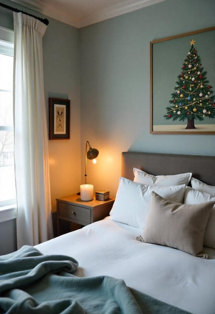 Christmas-themed wall art and garlands with fairy lights creating a warm, festive bedroom display.