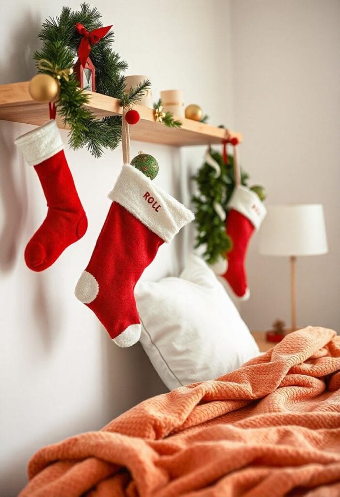 Christmas stockings hanging from a bedroom shelf and bedpost, adding festive and nostalgic holiday touches.