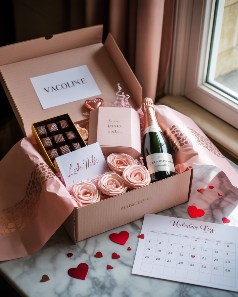 Valentine’s Day subscription box filled with skincare, coffee, and book gifts for couples.