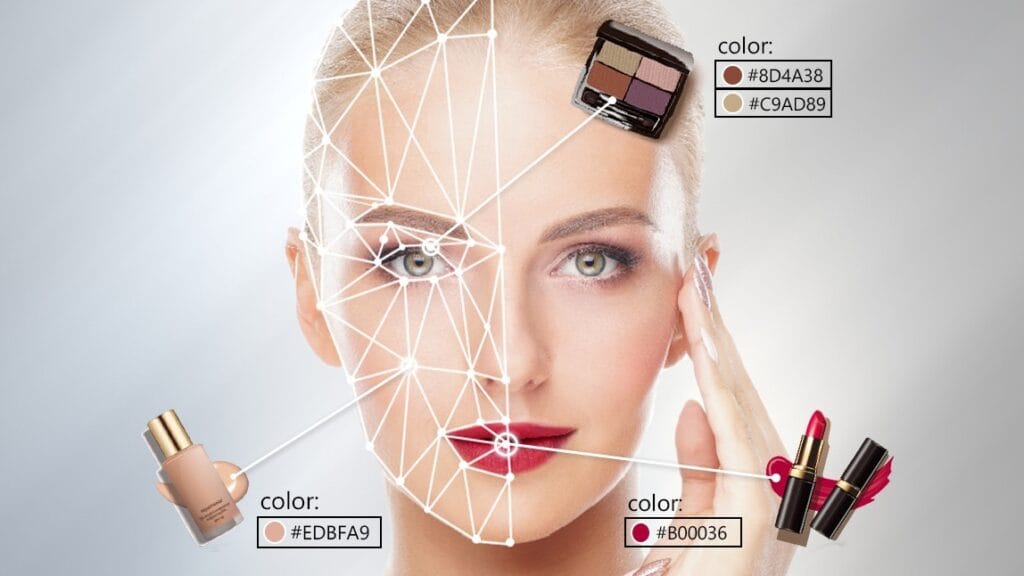 "Woman using a smart mirror and an AI-driven skincare analysis app on her phone."