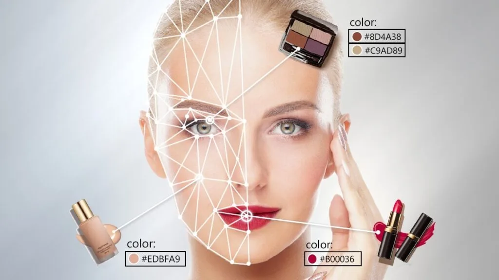 "Woman using a smart mirror and an AI-driven skincare analysis app on her phone."