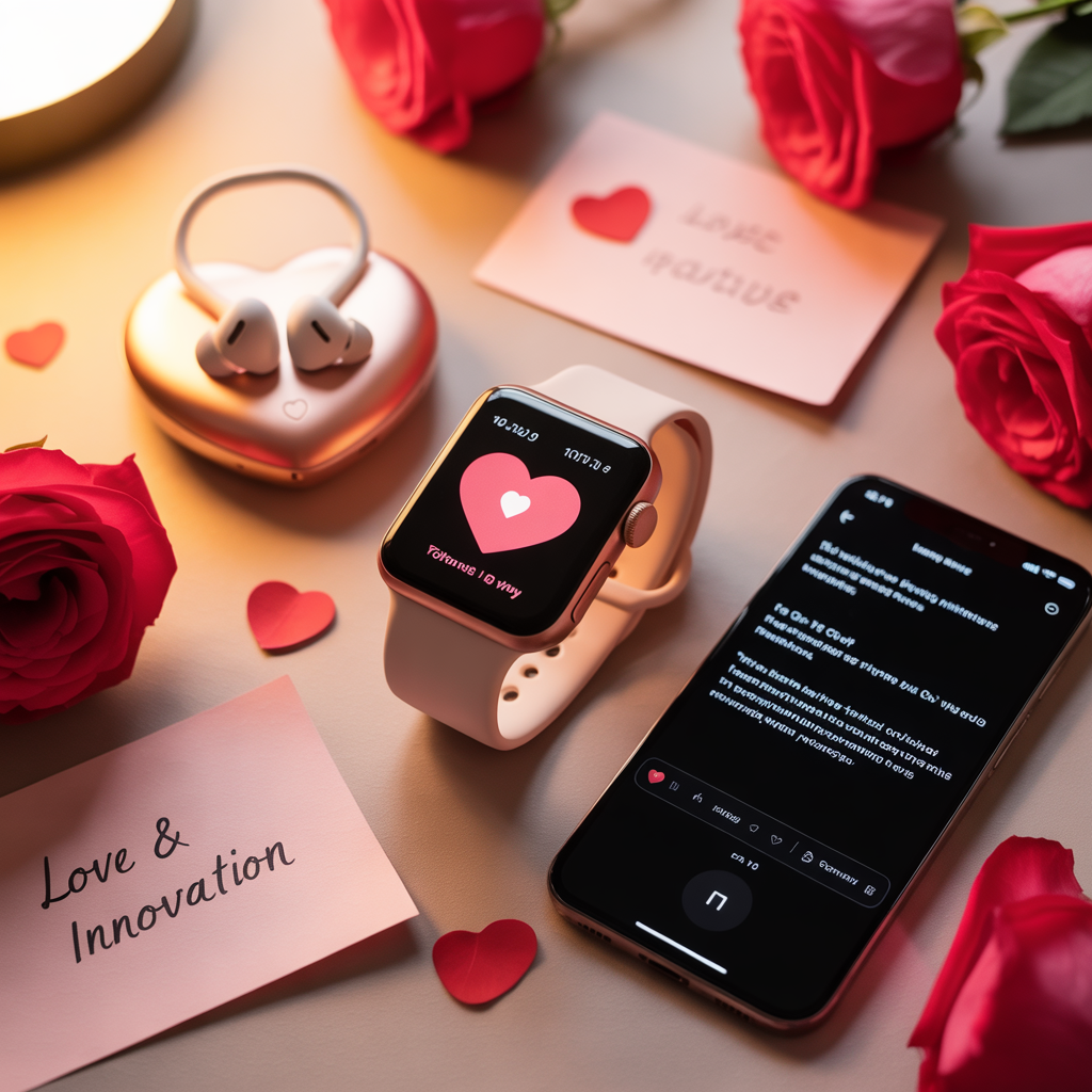 Modern Valentine’s Day tech gifts including smartwatch, wireless earbuds, and digital photo frame.
