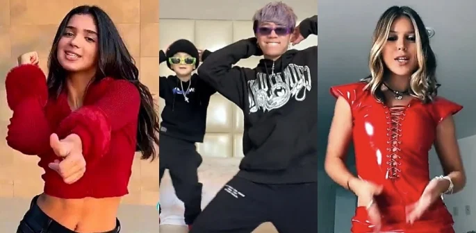 Collage of early TikTok users performing short dance clips on their phones.