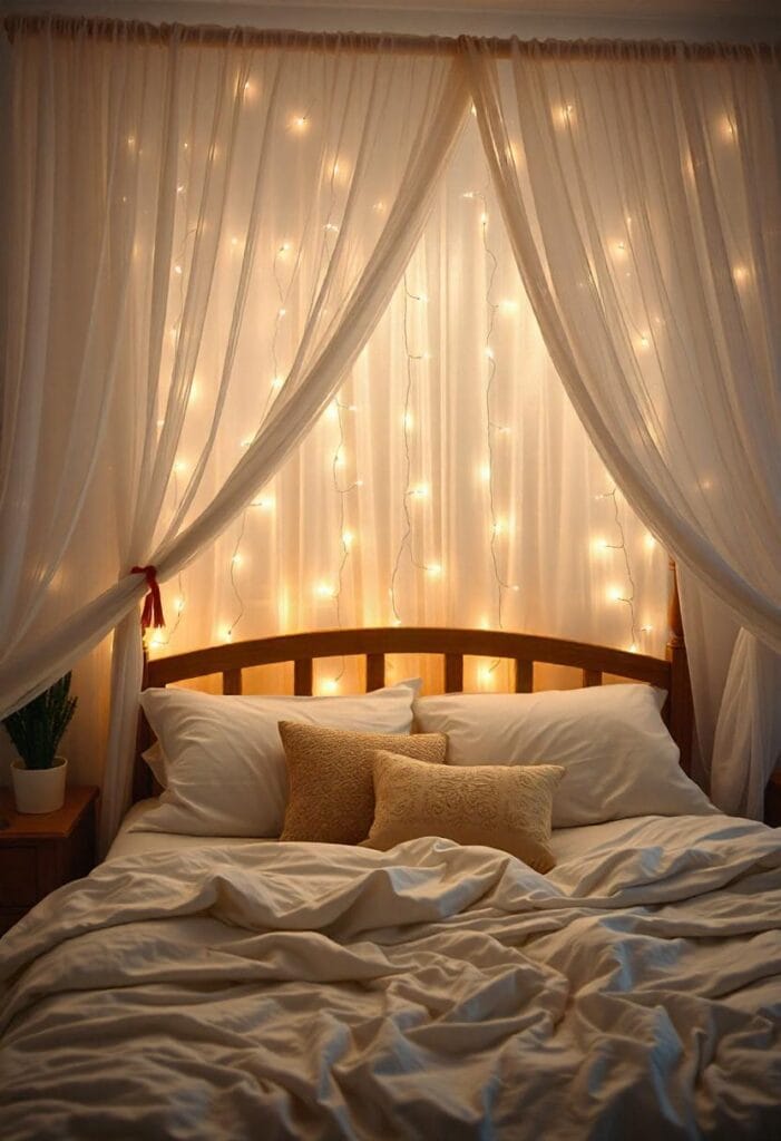 Bed with white sheer canopy and fairy lights, creating a dreamy winter wonderland look.