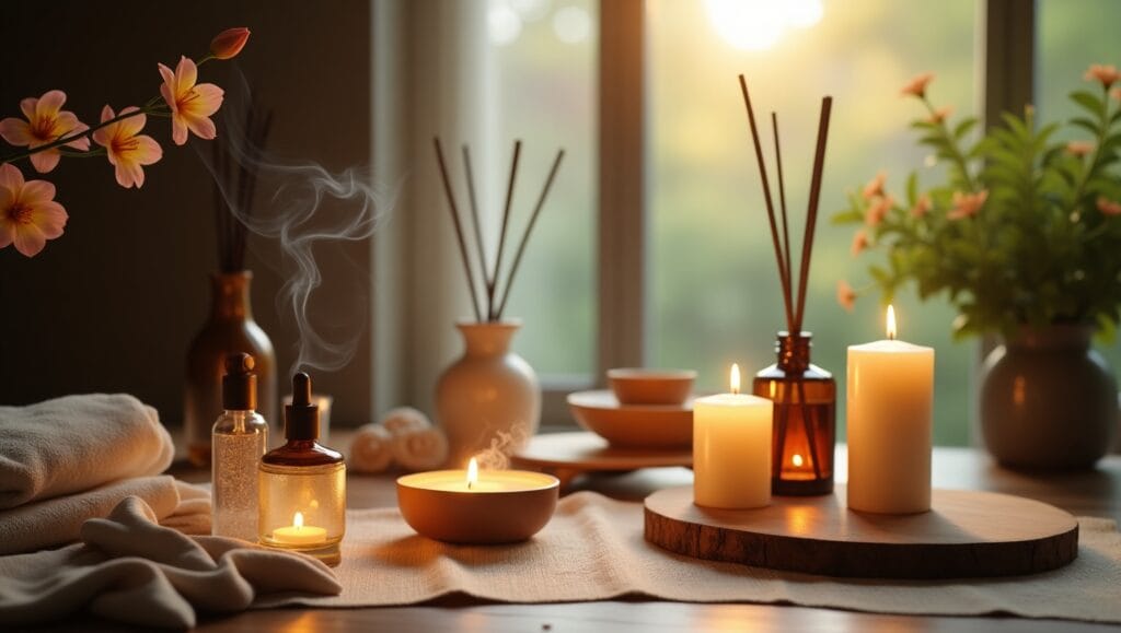 “Scented candles and essential oil diffuser on bedside table creating a cozy aroma.”
