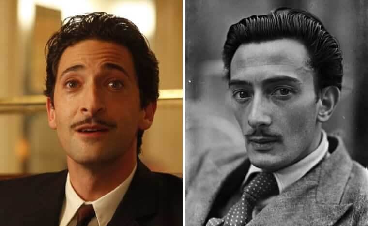 “Adrien Brody styled as Salvador Dalí with signature mustache next to a photo of the real Dalí.”