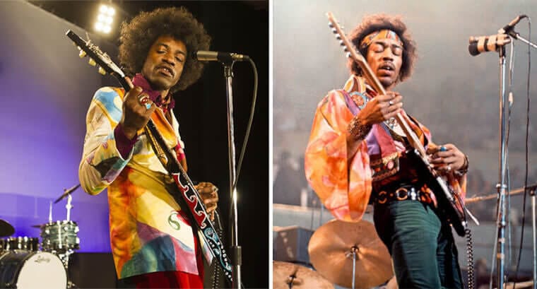 “André 3000 dressed as Jimi Hendrix with afro hair and vintage clothing next to the real Hendrix.”