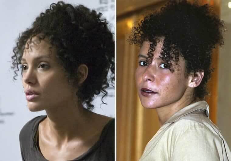 “Angelina Jolie portraying journalist Mariane Pearl beside a photo of the real Mariane Pearl.”