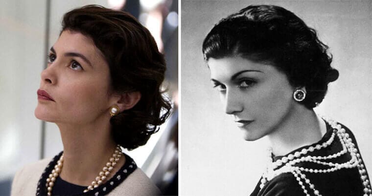 “Audrey Tautou dressed in early Chanel fashion beside an image of the real Coco Chanel.”