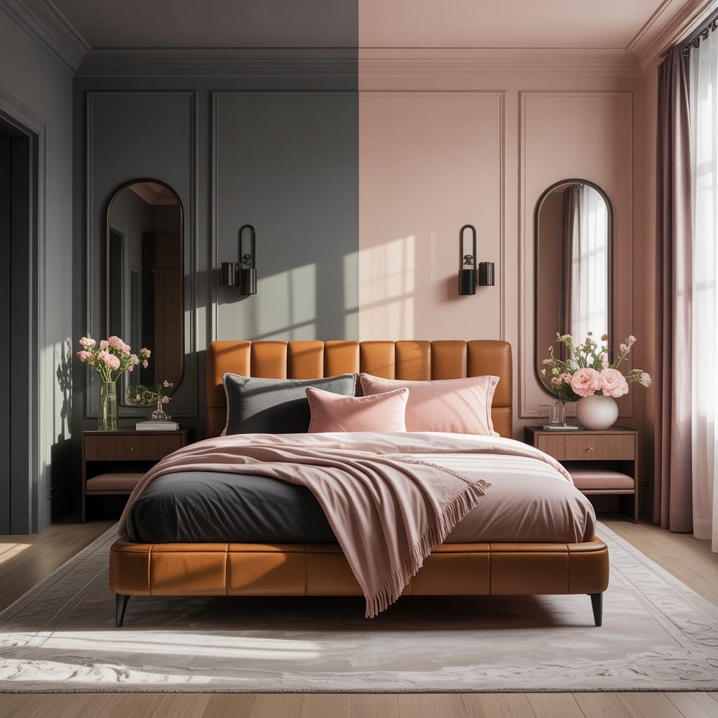 “Bedroom blending masculine and feminine decor styles in harmonious color tones.”