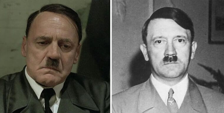 “Bruno Ganz portraying Adolf Hitler in military uniform beside a historical photo of Hitler.”