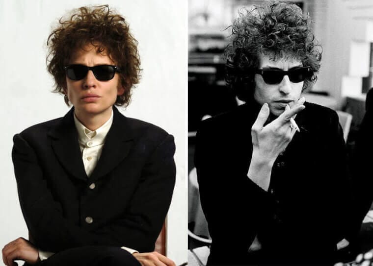 “Cate Blanchett as Bob Dylan in black-and-white 1960s attire beside a photo of the real Bob Dylan.”