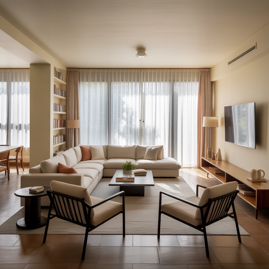 “Symmetrical bedroom layout with balanced furniture and cozy bed centerpiece.”