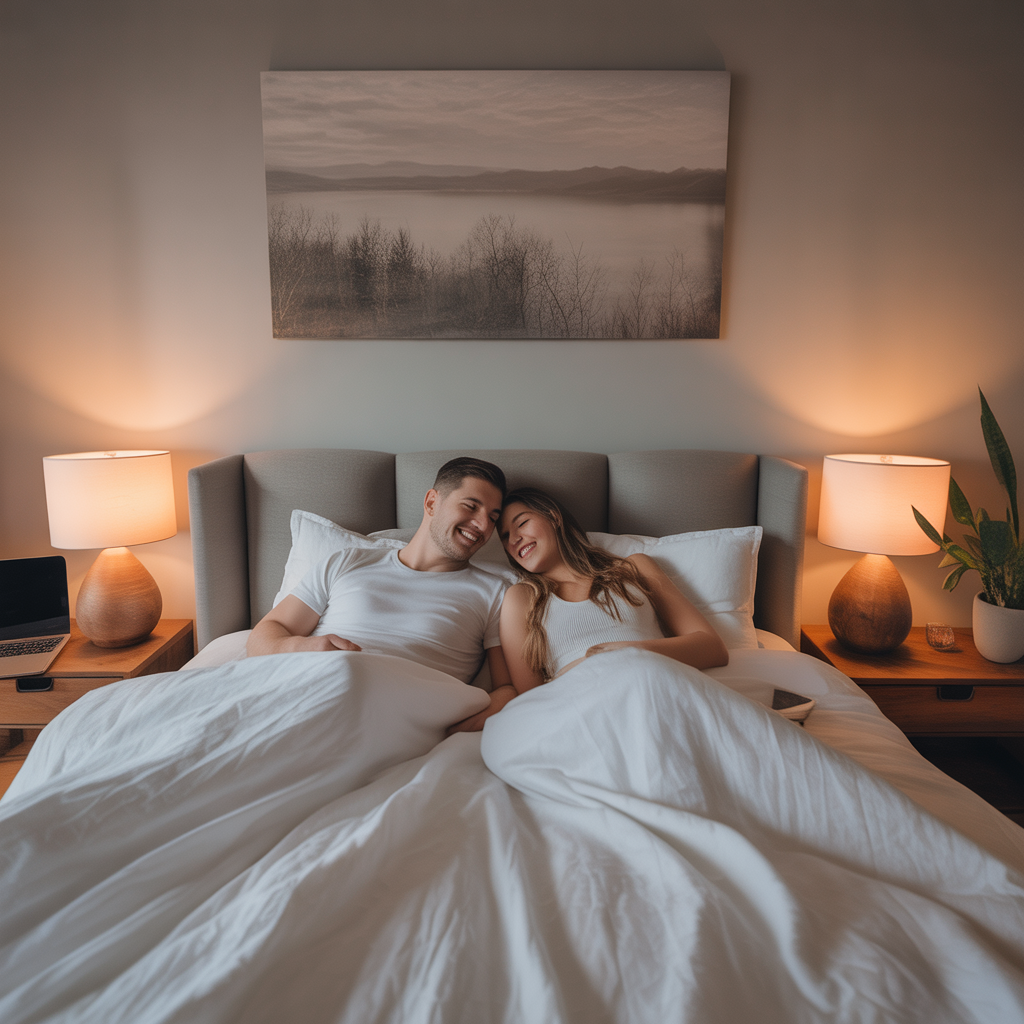 “Peaceful bedroom without electronics, designed for relaxation and connection.”