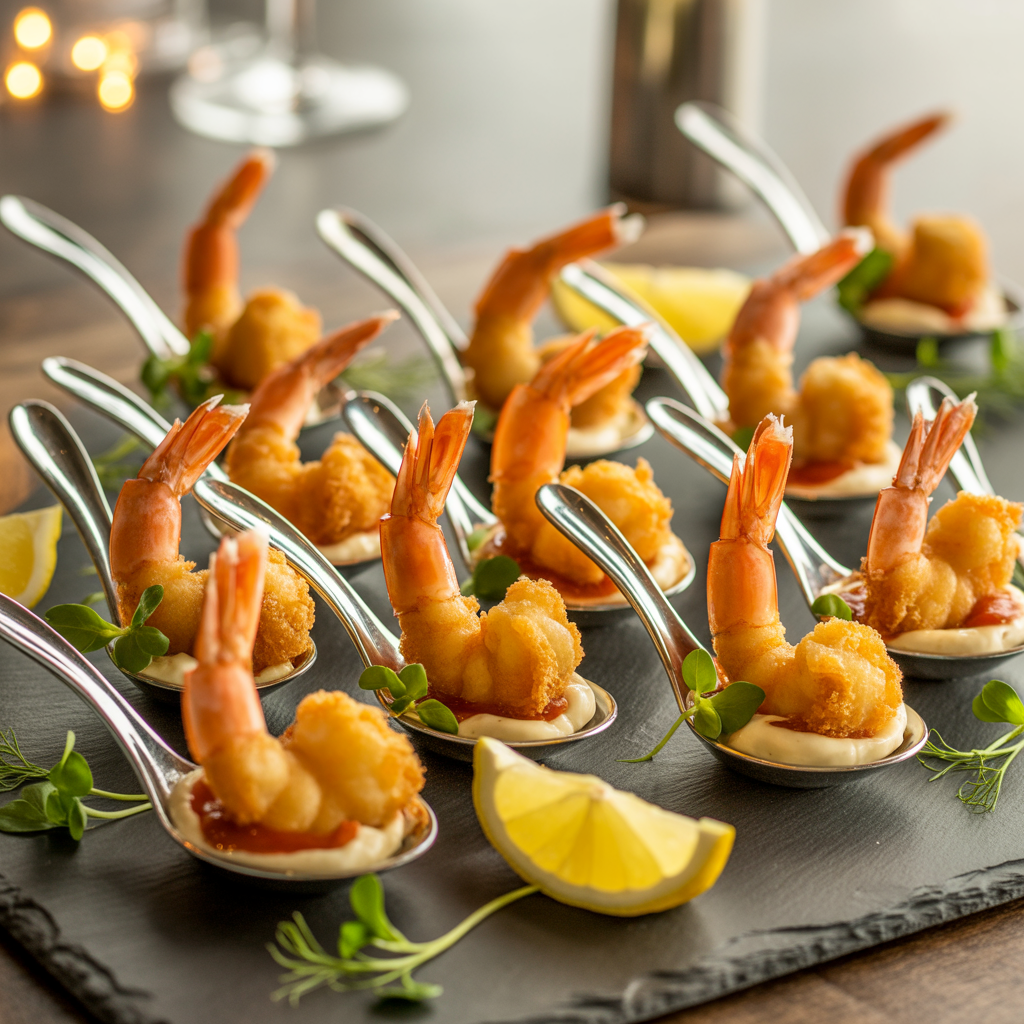 “Crispy shrimp cocktail bites with dipping sauce on a festive New Year’s Eve appetizer table.”