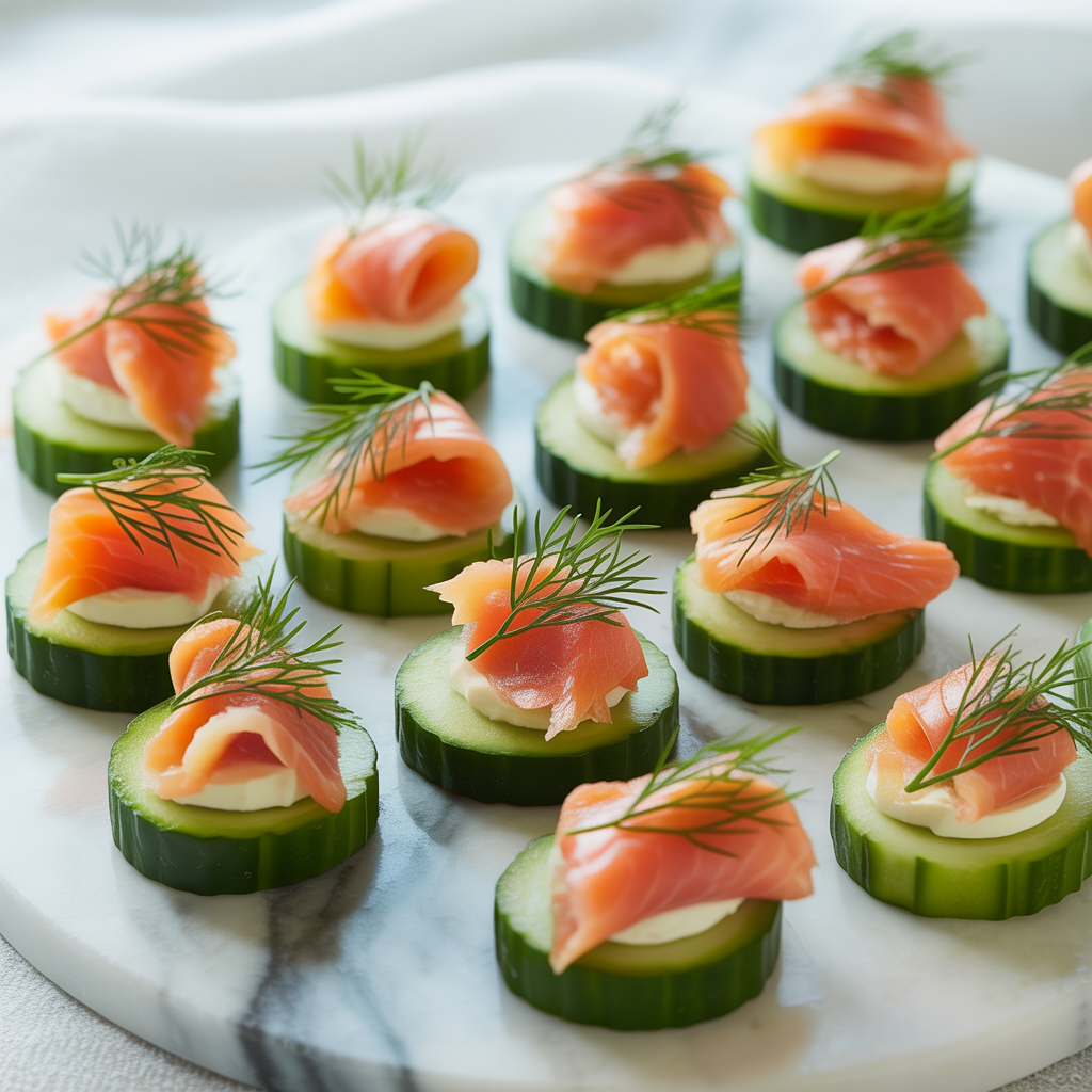 “Elegant cucumber rounds topped with smoked salmon, cream cheese, and dill.”