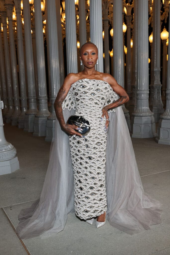 Cynthia Erivo shines in a strapless beaded Schiaparelli Couture gown with a flowing sheer cape at the LACMA Gala 2025.