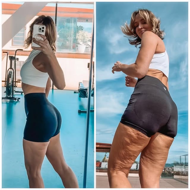 “Side-by-side images of Danae Mercer highlighting body positivity and the illusion of perfection created through lighting, filters, and posture.”