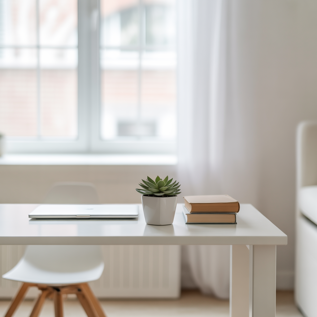 “Minimalist couple’s bedroom with clean surfaces and organized storage baskets.”