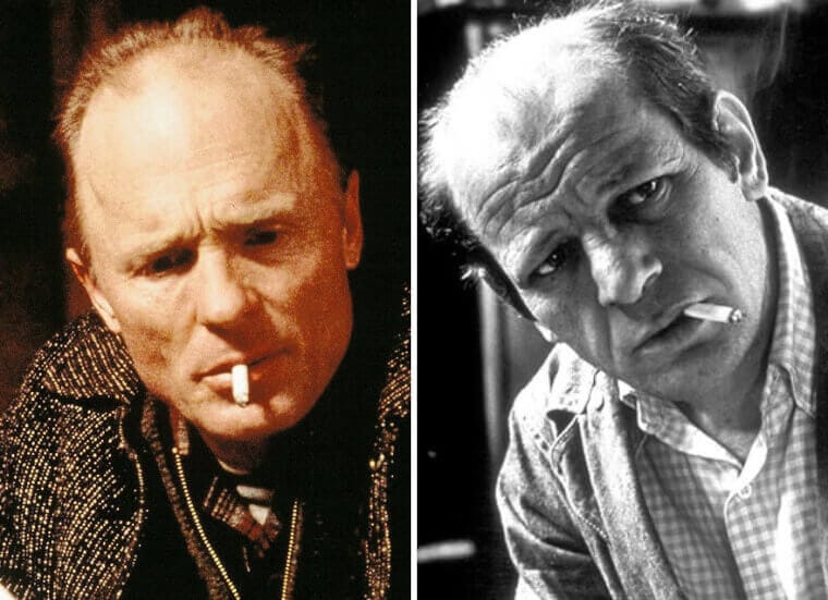 “Ed Harris portraying Jackson Pollock in paint-splattered clothing beside an image of the real Pollock.”