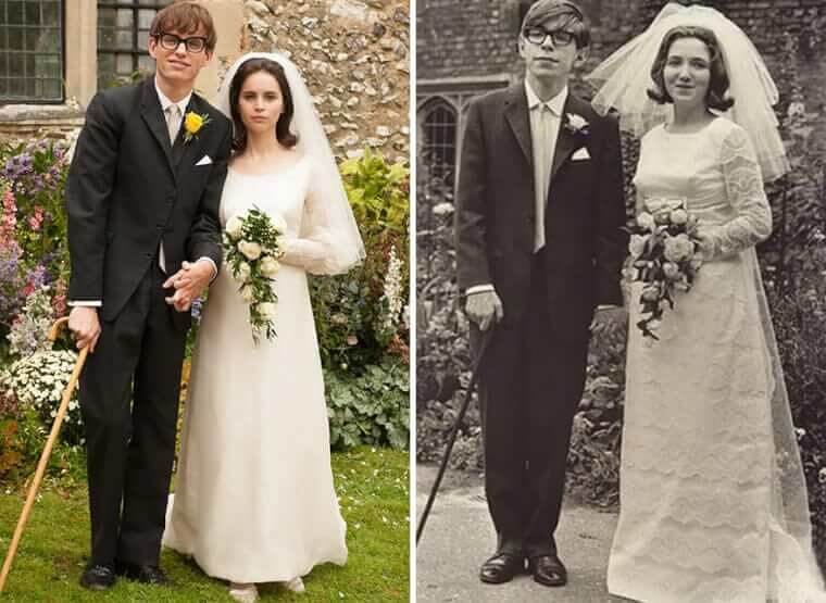 “Eddie Redmayne and Felicity Jones portraying Stephen Hawking and Jane Wilde compared with photos of the real couple.”