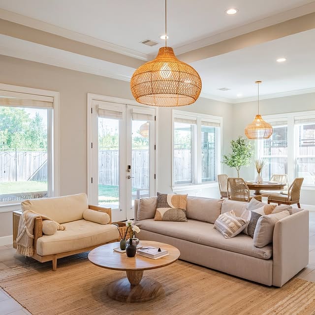 Warm living room with oversized woven rattan pendant lights, textured rug, and cane-back chairs creating a cozy natural look.
