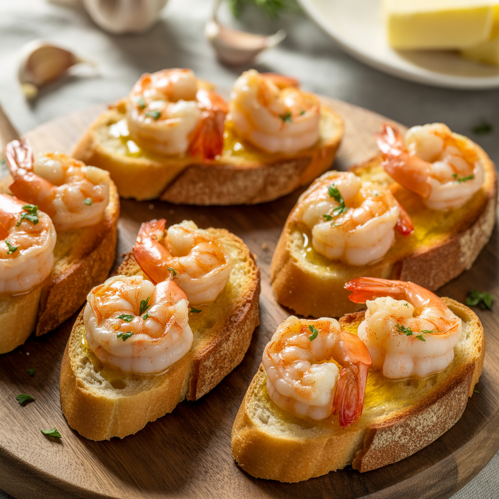 “Toasted baguette slices topped with garlic butter shrimp and herbs.”