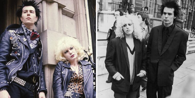 “Gary Oldman and Chloe Webb styled as Sid Vicious and Nancy Spungen beside photos of the real punk couple.”