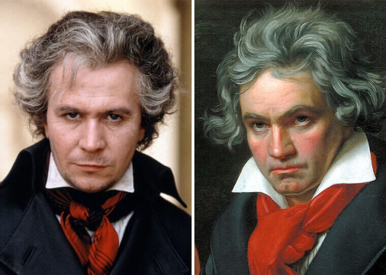 “Gary Oldman styled as Beethoven with curly hair and period clothing next to a portrait of the real Beethoven.”