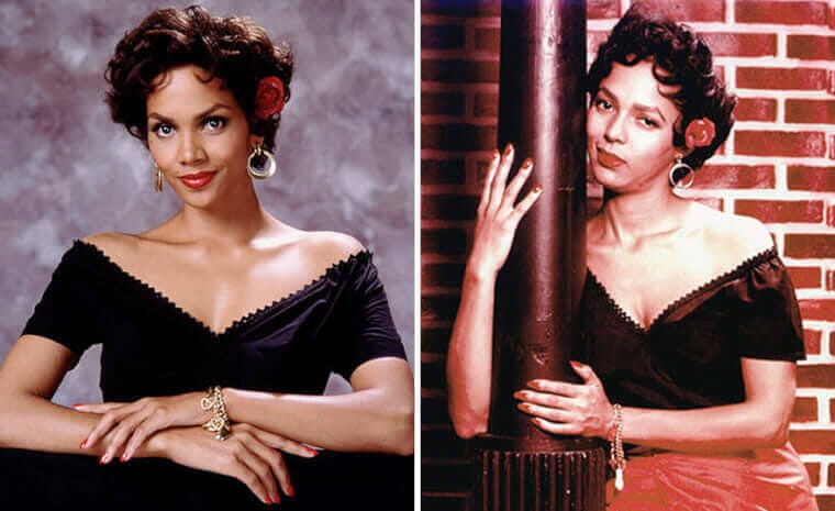 “Halle Berry styled as Dorothy Dandridge in glamorous vintage attire next to the real Dorothy Dandridge.”