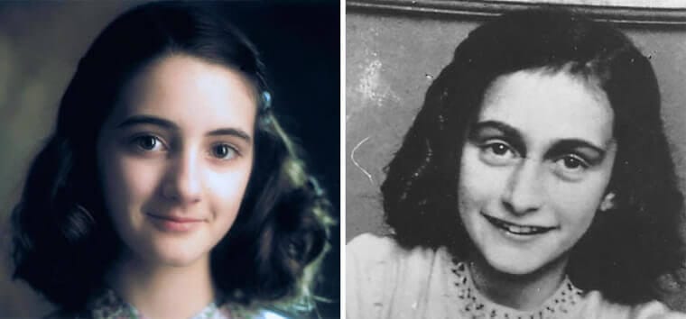 “Hannah Taylor-Gordon portraying Anne Frank in 1940s clothing next to an image of the real Anne Frank.”