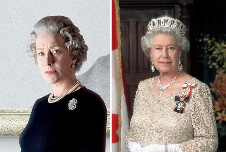 “Helen Mirren dressed as Queen Elizabeth II in formal attire next to a photo of the real Queen Elizabeth.”