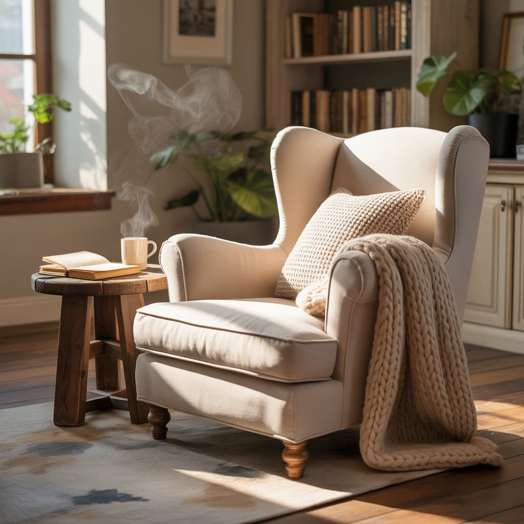 “Small loveseat and accent chair set up in a cozy bedroom corner for couples.”