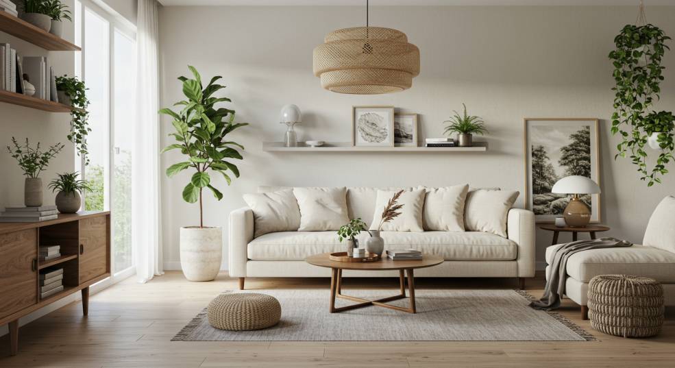 “Modern bedroom with indoor plants, wooden furniture, and natural decor accents.”